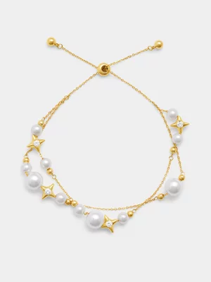 14ct Gold Plated Pearl & Cubic Zirconia Star Slider Bracelet   