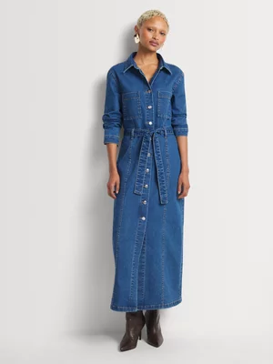 FF Denim Waist Tie Button Through Dress