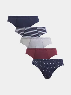 Jet Men's Navyburg Stripe Geometric Briefs Pack of Five in Burgundy