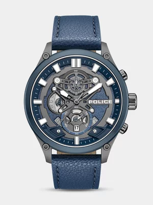 Police Wadden Gunmetal Plated Charcoal Dial Navy Leather Chronographic Watch 