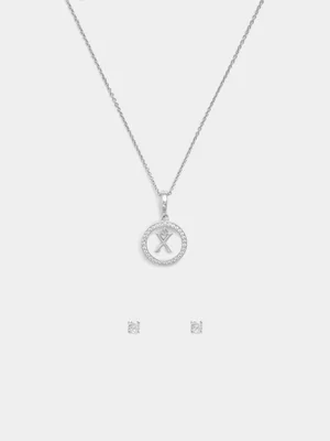 Rhodium Plated Cubic Zirconia Initial X Circle Pendant & Stud Set