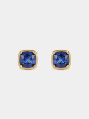 Yellow Gold Vermeil Blue Cubic Zirconia Cushion Stud Earrings 