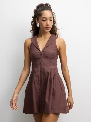 The FIX Women's Brown Bengaline Halter Pleated Dress