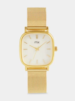 MX Gold Plated Cushion-Shaped Mother Of Pearl Dial Mesh Watch 