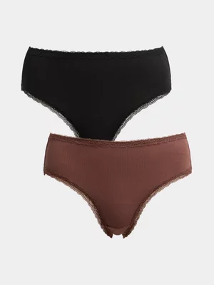Exact Women's Black & Brown 2-Pack Rib Lace Bikini Panties