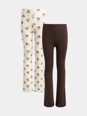 Jet Older Girls Brown AOP Bows 2 Pack Leggings