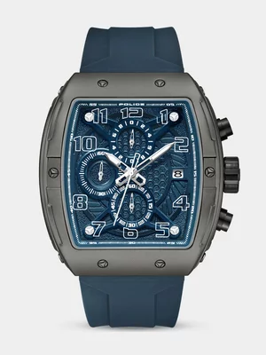 Police Coswig Gunmetal Plated Tonneau Navy Dial Navy Silicone Watch  