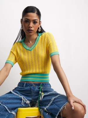 The FIX Women's Yellow Crochet Golfer Top