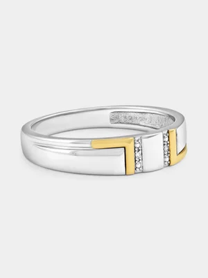 Yellow Gold & Sterling Silver Diamond Vertical Channels Geometric Ring 