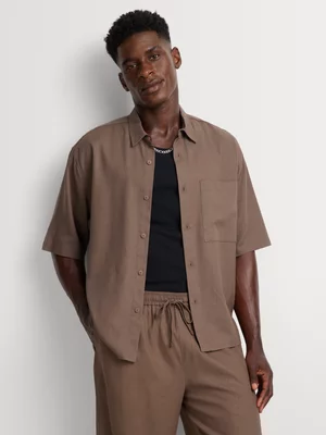Markham Men's Boxy Fit Linen Blend Mocha Shirt 