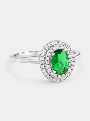 Sterling Silver Emerald Green Cubic Zirconia Double Halo Ring