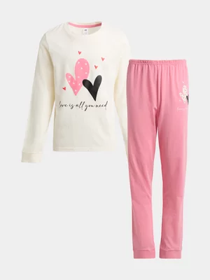Jet Younger Girls Pink & Cream Hearts Long PJ Set