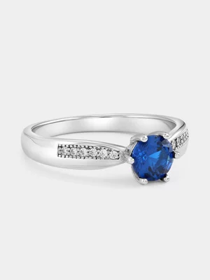 Sterling Silver Sapphire Blue Cubic Zirconia Pavé Pinched Ring
