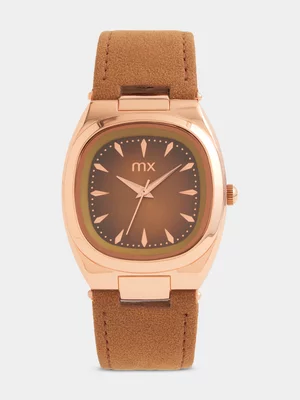 MX Rose Plated Brown Dial Retro Square Brown Faux Leather Watch 