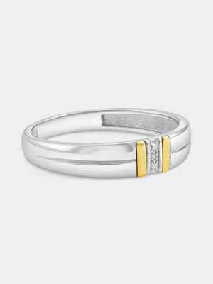 Yellow Gold & Sterling Silver Diamond Vertical Bars Groove Ring 