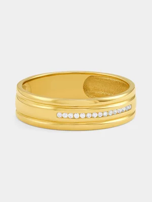Yellow Gold White Sapphire Horizontal Channel Groove Ring 
