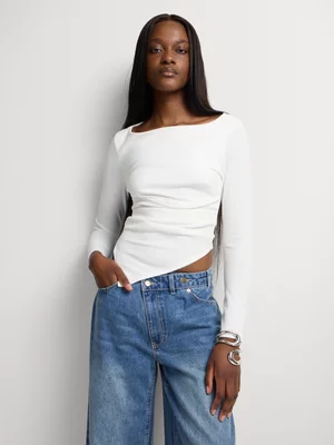 Boat Neck Asymmetrical Hem Fitted Top 