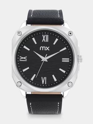 MX Silver Plated Square Black Dial Black Faux Leather Watch 