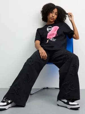 Redbat Women’s Letters Frayed Wide Leg Black Jeans