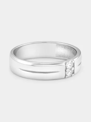 Sterling Silver Lab Grown Diamond Round Vertical Duo Groove Ring 