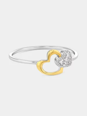 Gold Plated Sterling Silver Cubic Zirconia Two-Tone Linked Hearts Ring