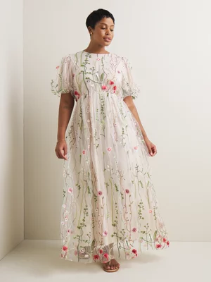 Women's Iconography Embroidered Mesh Puff Sleeve Dress