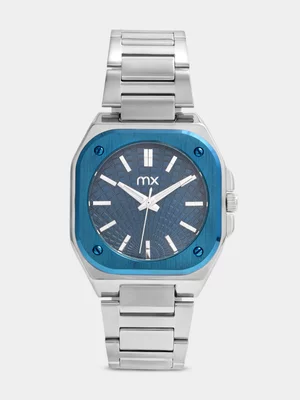 MX Silver & Blue Plated Blue Dial Square Bracelet Watch 