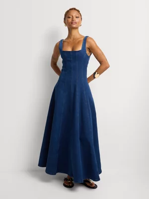 Denim Fit & Flare Square Neck Maxi Dress