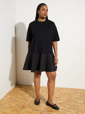 Women's Canvas Flounce Hem Knit Woven Combo Mini Dress