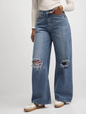 Jet Women's Mid Blue Ripped Wide Leg Pants