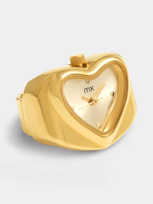 MX Gold Plated Gold Tone Dial Heart Watch Ring  