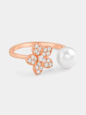 Rose Plated Sterling Silver Shell Pearl & Cubic Zirconia Flower Ring