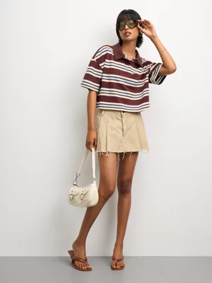 The FIX Women's  Burgundy Stripe Pique Boxy Johnny Collar 