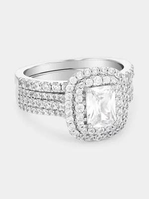 Sterling Silver Cubic Zirconia Rectangle Halo Twinset Ring  