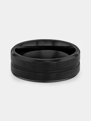 Brushed Stainless Steel Black-Toned Groove Detail Men’s Ring