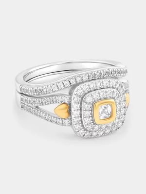 Yellow Gold & Sterling Silver Cubic Zirconia Cushion Halo Twinset 