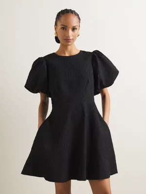 Women's Iconography Puff Sleeve Jacquard Fit & Flare Dress