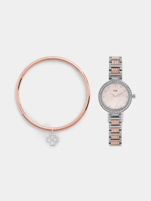 MX Rose Plated Blush Dial Two-Tone Bracelet Watch & Clover Bangle Set 