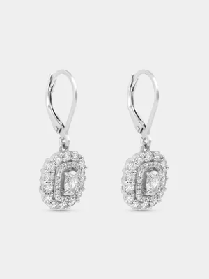 Sterling Silver Cubic Zirconia Cushion Halo Drop Earrings 