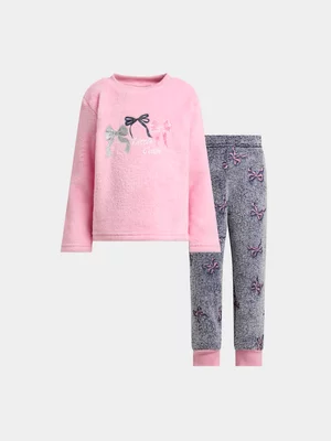 Jet Younger Girls Pink & Navy Bow Coral Fleece PJ Set