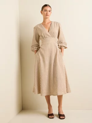 Women's Iconography Wrap Front Fit & Flare Dress Brown Stripe