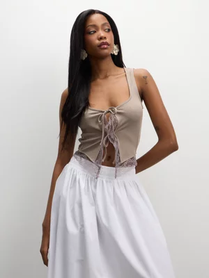 The FIX Women's Brown Rib Front Lace Top