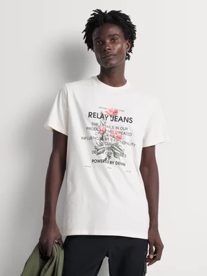 Relay Jeans Men's Regular Fit Floral Text Ecru T-Shirt