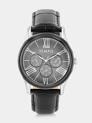 Tempo Silver & Black Plated Black Dial Black Leather Watch 