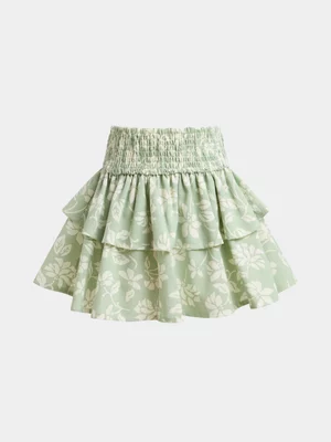 Exact Younger Girl's Green Floral Print Tiered Skirt