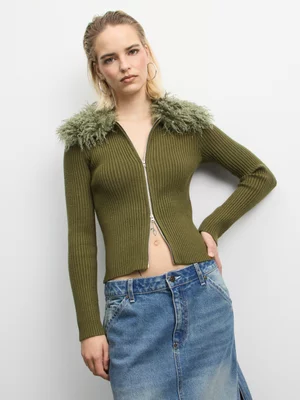 The FIX Women's Green Knit With Fur Zip Thru Cardigan