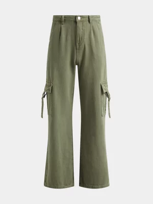 Girls Denim Cargo Wide Leg Pants
