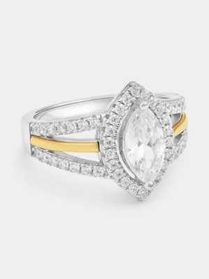 Yellow Gold & Sterling Silver Cubic Zirconia Marquise Halo Ring