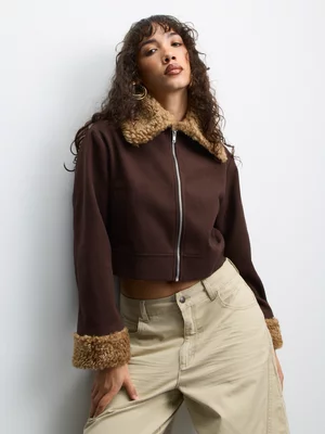 The FIX Women's Brown Melton Jacket With Sherpa Collar