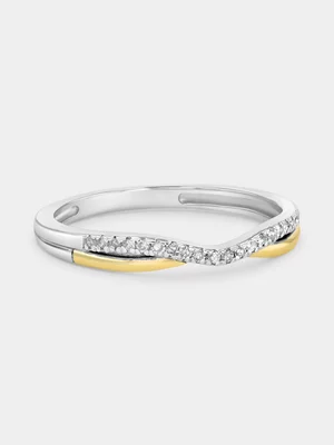 Sterling Silver & Yellow Gold Diamond Double Curved Anniversary Ring 